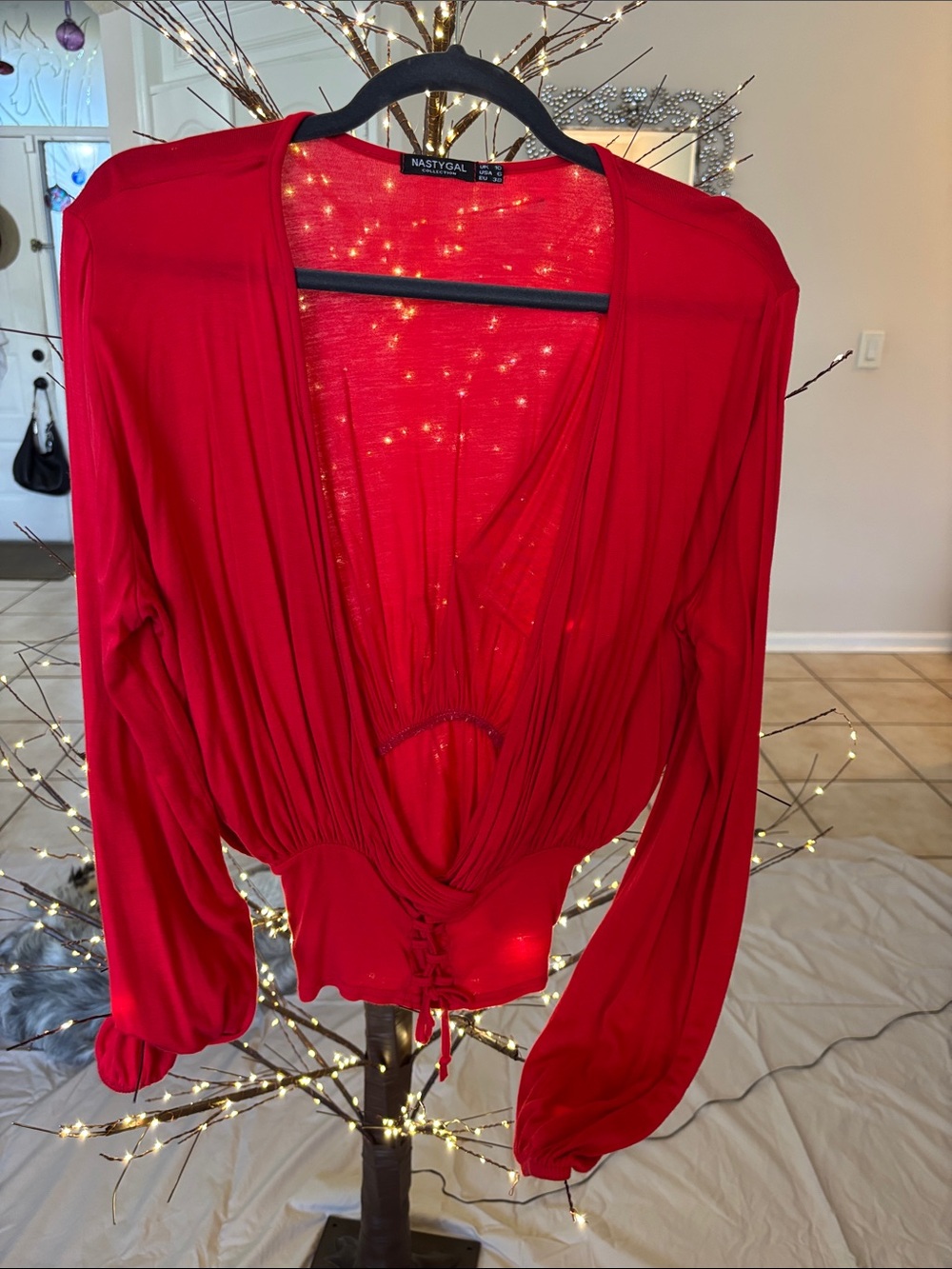 Nasty Gal Bright Red Plunge Tie-Waist Long Sleeve Blouse
